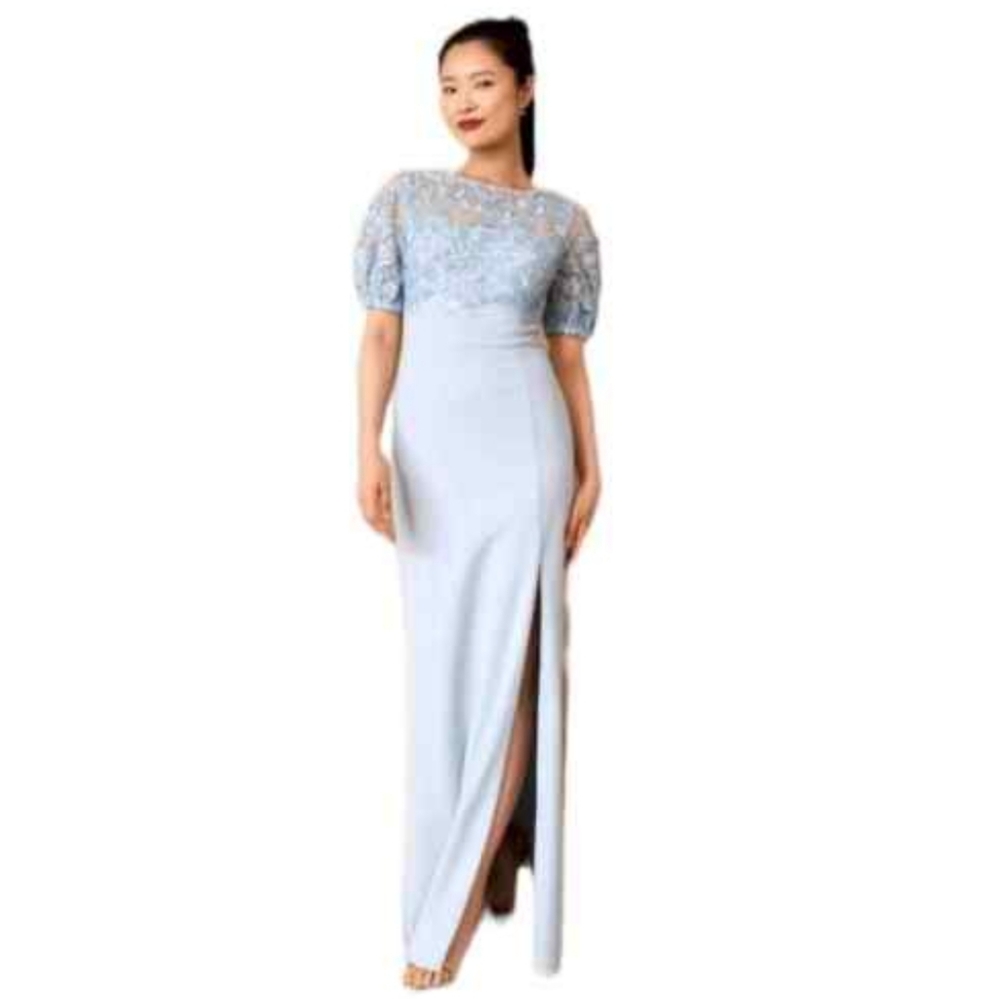 Adrianna Pappell Justina Blue Lace Knite Crepe Gown in Clearwater